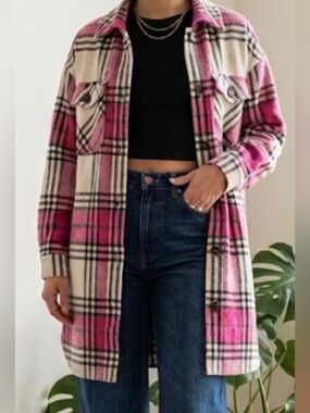 Pink Plaid Long Shacket Coat with Chest Pockets